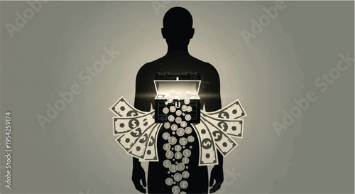 Silhouette of person with money bills coming out of body