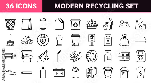 Ultra-Minimalist Geometric Line Art Icon Set for Waste Management, Recycling Systems, and Urban Sanitation Utility Interface Design