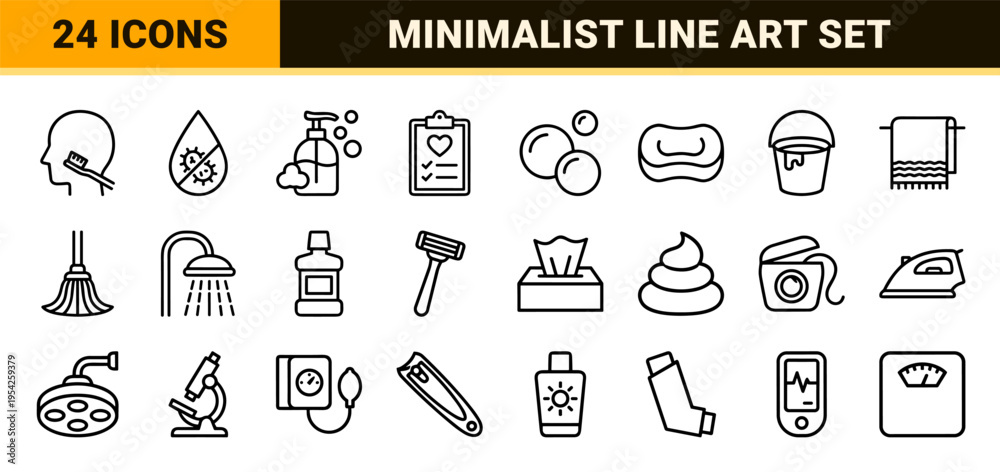 Naklejka premium Personal Hygiene and Sanitary Wellness Icon Set Featuring Ultra-Minimalist Geometric Line Art for Healthcare and Daily Routine Applications