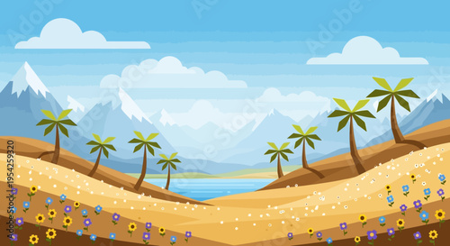 Pixel Art Landscape: Snowy Mountains, Palm Trees, Sandy Beach, Flowers, and Lake