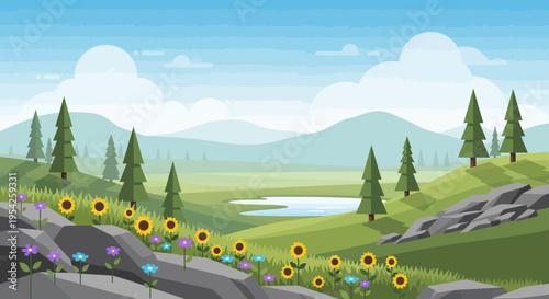 Pixel Art Landscape: Sunny Meadow with Wildflowers, Pine Trees, and Rolling Hills