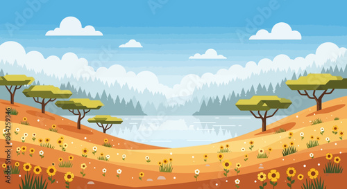 Pixel Art Landscape: Sunny Savannah with Sunflowers and Distant Mountains