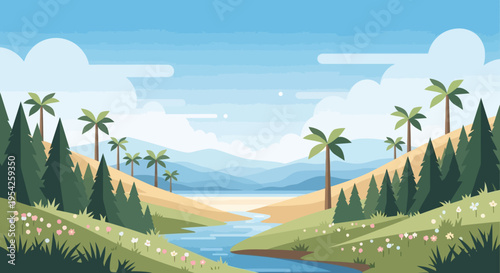 Pixel Art Landscape: Tropical River Valley with Palm Trees and Mountains