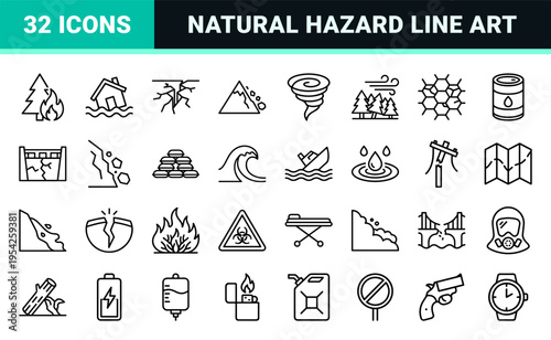 Natural Disasters and Extreme Weather Emergency Management Symbols Ultra-minimalist Monoline Geometric Line Art Vector Icon Grid Assets