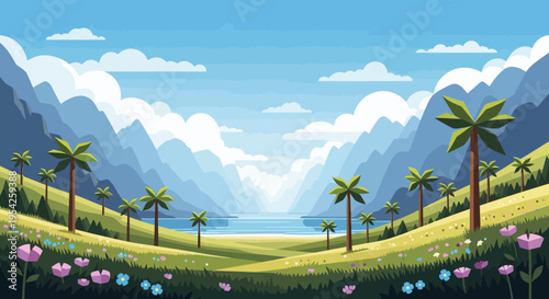 Pixel Art Landscape: Tropical Valley with Mountains, Palm Trees, and Flowers