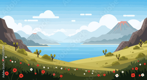 Pixel Art Landscape: Volcano Mountains, Lake, and Wildflowers in Bloom