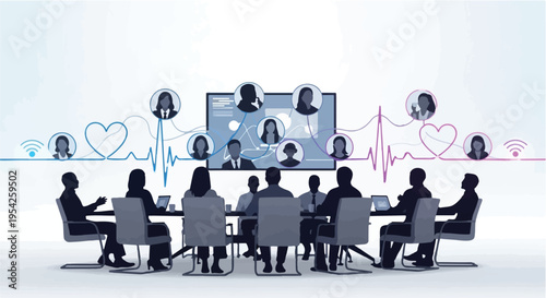 business team meeting with remote workers on screen