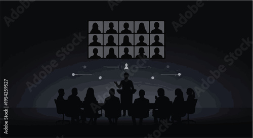 silhouette of people in a meeting with a large screen display
