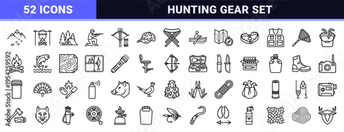 Wilderness Survival and Hunting Equipment Minimalist Monoline Icons for Outdoor Adventure Gear and Commercial Marketplace Optimization