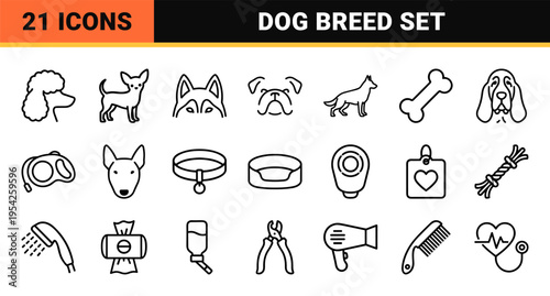 Domestic Dog Breeds and Pet Care Essentials Ultra-Minimalist Monoline Geometric Line Art Collection for Modern Veterinary and Grooming Branding