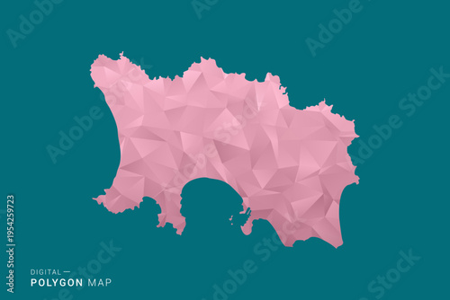 Jersey polygon map vector illustration in low poly geometric style, soft pastel colors with pink and teal green tones, clean silhouette on solid background, ideal for infographic.