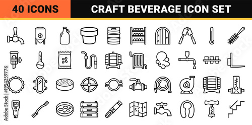 Brewery and Cellar Storage Equipment Icon Set in Ultra-Minimalist Geometric Monoline Style for Craft Beverage Branding