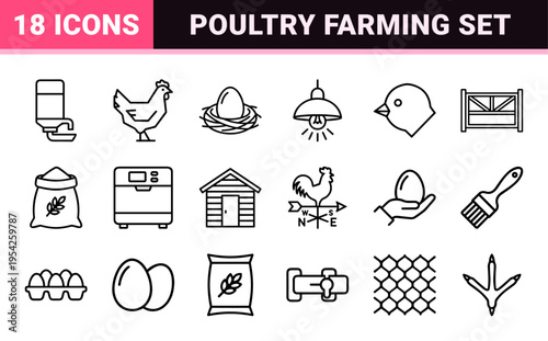 Poultry Farming and Organic Egg Production Ultra-Minimalist Geometric Outline Icon Set for Agricultural and Culinary Design