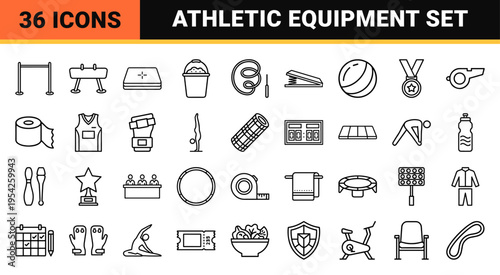Gymnastics and Artistic Athletics Equipment Icon Set featuring Ultra-Minimalist Geometric Line Art Symbols for Professional Sports Industry