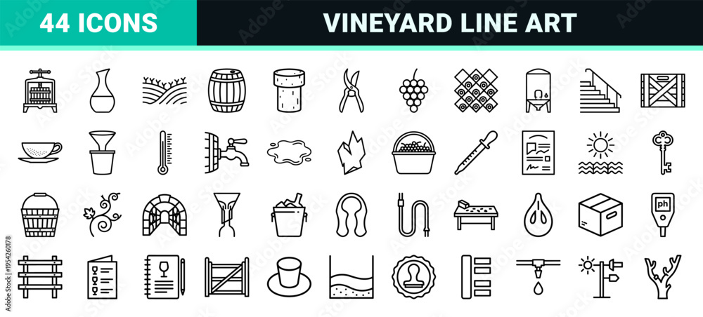 Fototapeta premium Enology and Viticulture Ultra-Minimalist Monoline Outline Icon Set Featuring Vineyard Tools Wine Production Elements and Professional Glassware