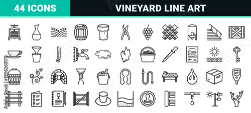 Enology and Viticulture Ultra-Minimalist Monoline Outline Icon Set Featuring Vineyard Tools Wine Production Elements and Professional Glassware