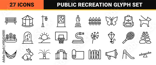 Urban Park and Recreation Wayfinding Glyph Set featuring Ultra-Minimalist Solid Black Silhouette Symbols for Municipal Landscaping Projects.