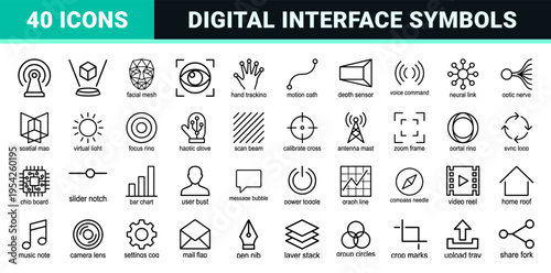 Augmented Reality and Immersive Technology Icon Set Featuring Ultra-Minimalist Geometric Outlines for Futuristic User Interface Design.