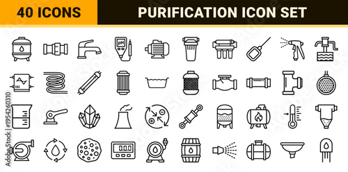 Water Treatment and Purification Systems Ultra-Minimalist Monoline Icon Set featuring Geometric Line Art for Industrial Plumbing and Filtration