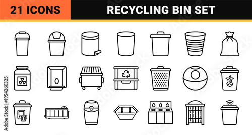 Ultra-minimalist Monoline Waste Bin Icon Set with Geometric Line Art Symbols for Modern Sanitation and Recycling Management Systems