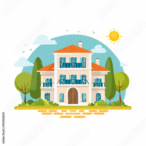 Italian Villa, Illustration for Wedding, Save the Date Card Template