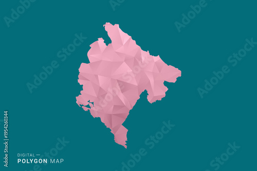 Montenegro polygon map vector illustration in low poly geometric style, soft pastel colors with pink and teal green tones, clean silhouette on solid background, ideal for infographic.