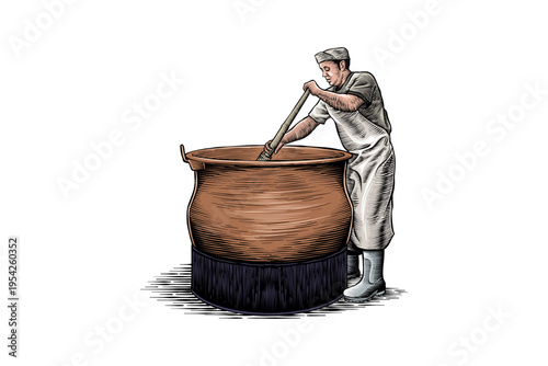 Illustration of a Chef Stirring a Large Pot