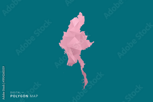 Myanmar polygon map vector illustration in low poly geometric style, soft pastel colors with pink and teal green tones, clean silhouette on solid background, ideal for infographic.