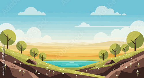 Pixel Art Landscape with Lake, Hills, Trees, and Clouds