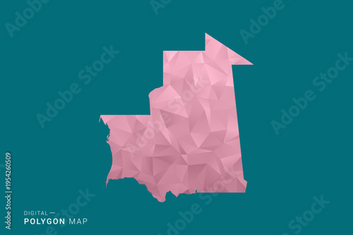 Mauritania polygon map vector illustration in low poly geometric style, soft pastel colors with pink and teal green tones, clean silhouette on solid background, ideal for infographic.