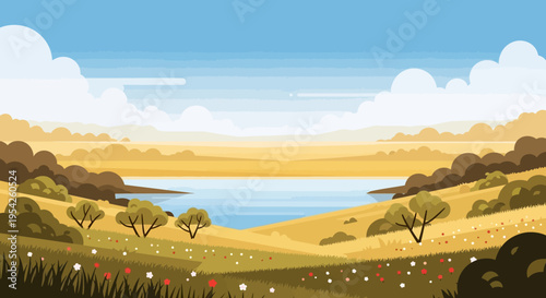 Pixel Art Landscape with Lake, Rolling Hills, and Wildflowers