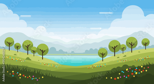 Pixel Art Landscape with Lake, Hills, Trees, and Flowers