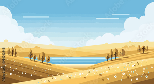 Pixel Art Landscape with Lake, Trees, and Rolling Hills under a Cloudy Sky