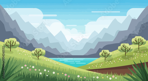 Pixel Art Landscape with Mountains, Lake, and Green Hills
