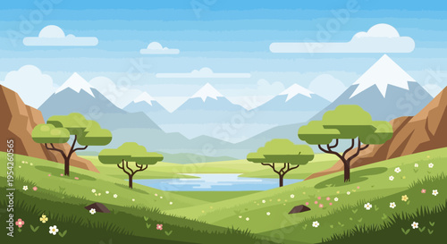 Pixel Art Landscape with Mountains, Lake, and Trees - Vibrant Nature Scene