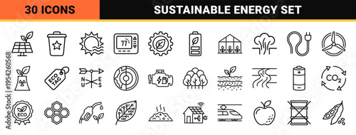 Sustainable Energy and Circular Economy Geometric Outline Icons for Environmental Conservation and Green Technology Interface Design