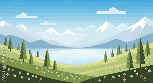 Pixel Art Landscape with Mountains, Lake, and Wildflowers
