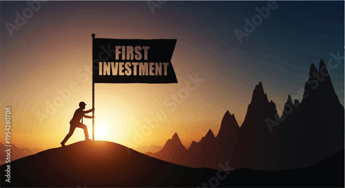 man holding flag with first investment on mountain peak at sunset