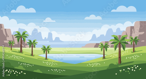 Pixel Art Landscape with Palm Trees and Lake