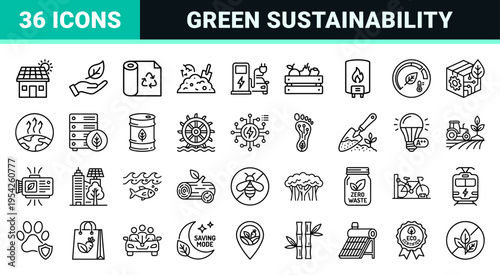 Sustainability and Eco Friendly Energy Systems Minimalist Line Art Icons for Urban Environment and Green Technology Solutions
