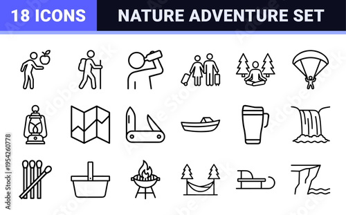 Outdoor Recreation and Nature Tourism Ultra-Minimalist Monoline Geometric Line Art Symbols for Adventure Travel and Camping Navigation