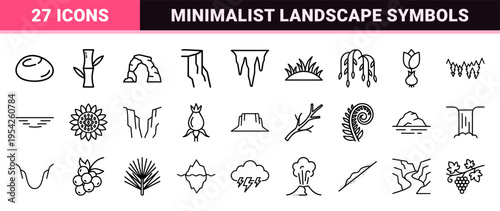Ultra-Minimalist Nature and Landscape Monoline Icons for Environmental UI Design and Eco-Friendly Branding Graphics