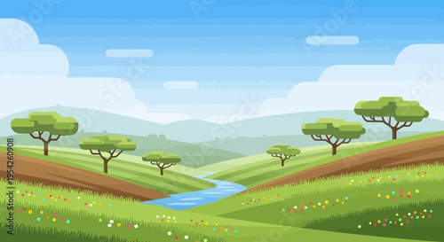 Pixel Art Landscape with River, Hills, Trees, and Flowers Under Blue Sky