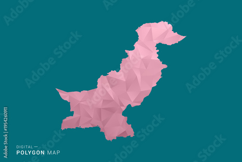 Pakistan polygon map vector illustration in low poly geometric style, soft pastel colors with pink and teal green tones, clean silhouette on solid background, ideal for infographic.