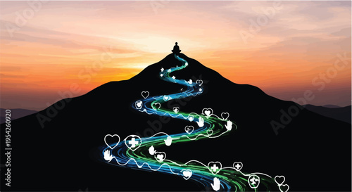 social media icons on mountain peak at sunset