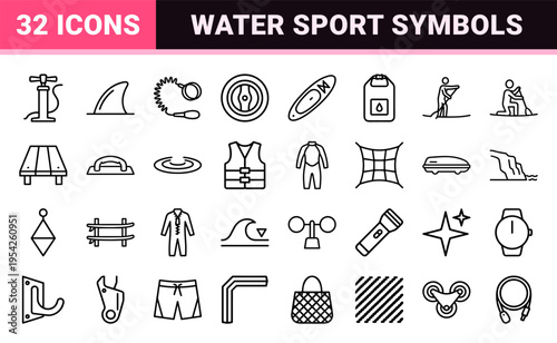 Stand Up Paddleboard and Coastal Recreation Icon Set featuring Ultra-minimalist Monoline Geometric Line Art for Commercial Wayfinding Design.