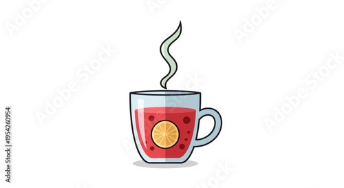 Illustrative steaming mug of crimson tea with lemon slice, a warm and comforting design for