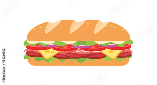 Illustrative sub sandwich depiction featuring vibrant toppings and inviting bread texture