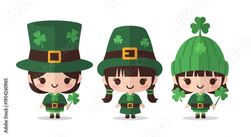 Illustrative trio of St Patrick's Day girls in festive green apparel and clover accents