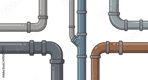 Interconnected Plumbing Pipes in Varied Hues Against a Crisp White Canvas Surface